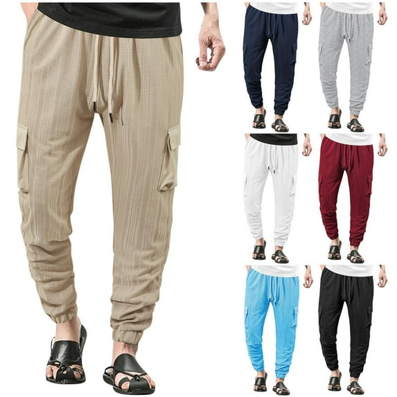 HBGVBA Trousers for Men,Mens Pant Casual,Men's Thin Breathable Stretch Linen Pocket Elastic Waist Cuffed Ankle Casual Pants