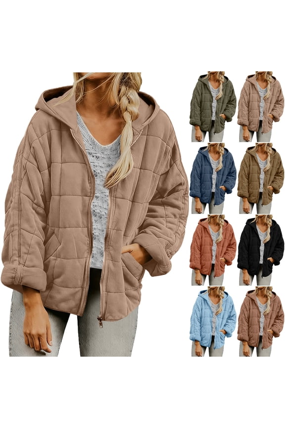Bovxnpu Winter Coats for Women, Women's Down Jackets Fall Winter Long Hooded Solid Color Cotton Coat JACKET with Pockets Long Sleeve Warm Winter Clothing