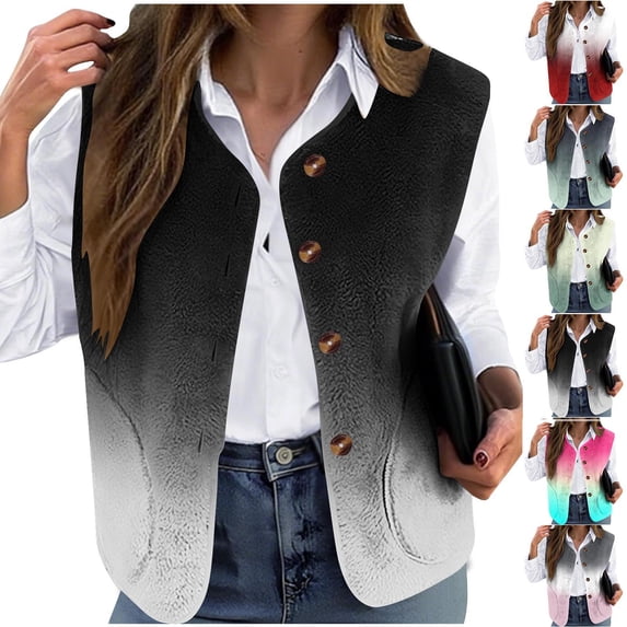 Bovxnpu Winter Coats for Women, Women's Oversized Jackets Casual Warm Furry Vest Winter Everyday Print Loose Collarless Buttoned Coat Warm Winter Clothing