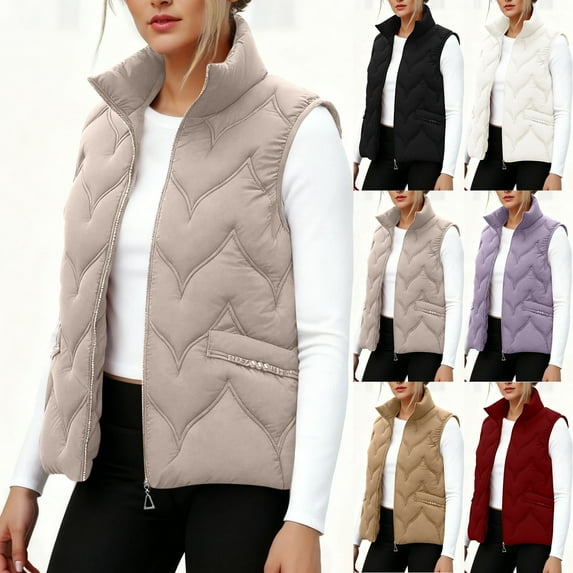 Bovxnpu Winter Coats for Women, Women's Oversized Puffer Vest Solid Color Stand Collar Vest Zip Up Pockets Sleeveless No Hood Cotton Vest Warm Winter Clothing