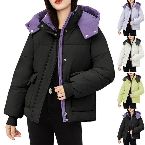 Bovxnpu Winter Coats for Women, Women's Down Jackets Casual Loose Patchwork Fashionable Round Neck Loose Jacket with Hood Warm Winter Clothing