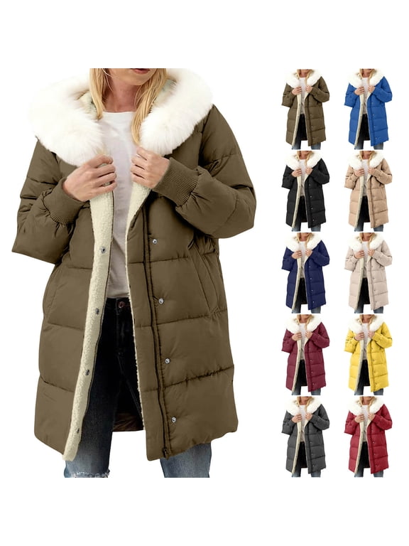 Winter Coats for Women, Women's Down Jackets Casual Winter Long Fleece Lined Hooded Coat with Pockets Detachable Collar Warm Winter Clothing