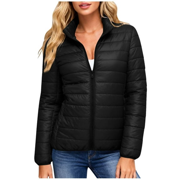 HBGVBA Winter Coats for Women, Women's Down Jackets Solid Color Pocket Zip Up Stand Collar Cotton Coat Stylish Casual Warm Winter Clothing