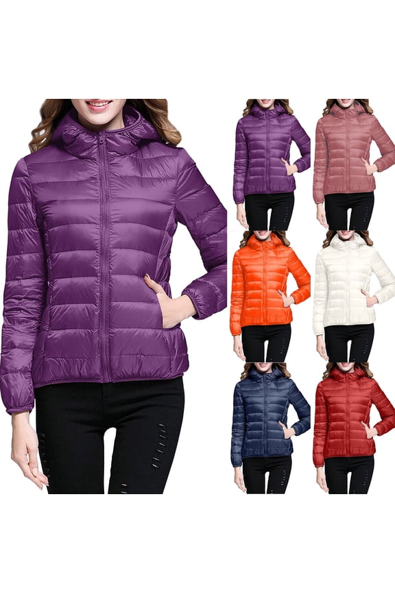 Winter Coats for Women, Women's Down Jackets Solid Color Zip Up Pocketed Lightweight Cotton Coat with Hood Warm Winter Clothing