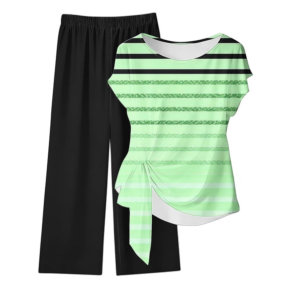 HBGVBA Women 2 Piece Outfits,Casual Matching Set,Casual Loose Random Print Long Trousers Back Short Sleeve Top Wear Set