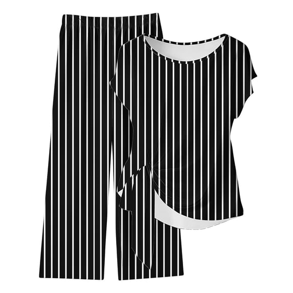 HBGVBA Women 2 Piece Outfits,Casual Matching Set,Loose Random Print Long Pants Back Short Sleeve Round Neck Top Outfit Set