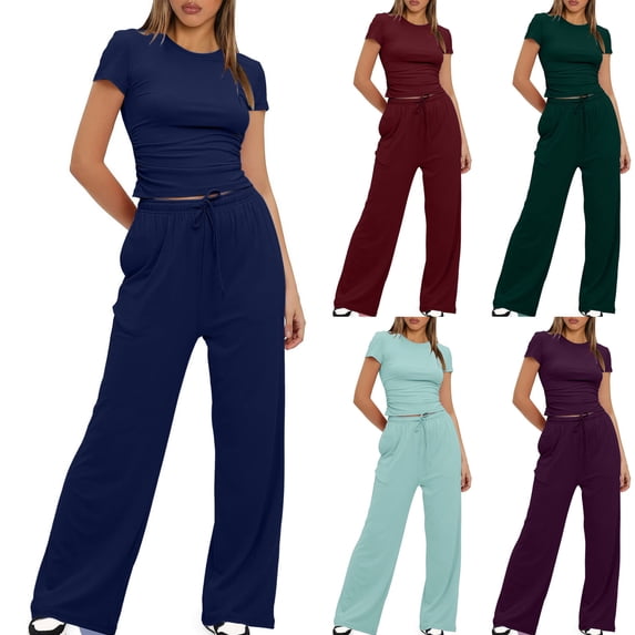 HBGVBA Women 2 Piece Outfits,Casual Matching Set,Solid Color Pullover Short Sleeve Top Casual Long Pants Soft Daily Outfit Set