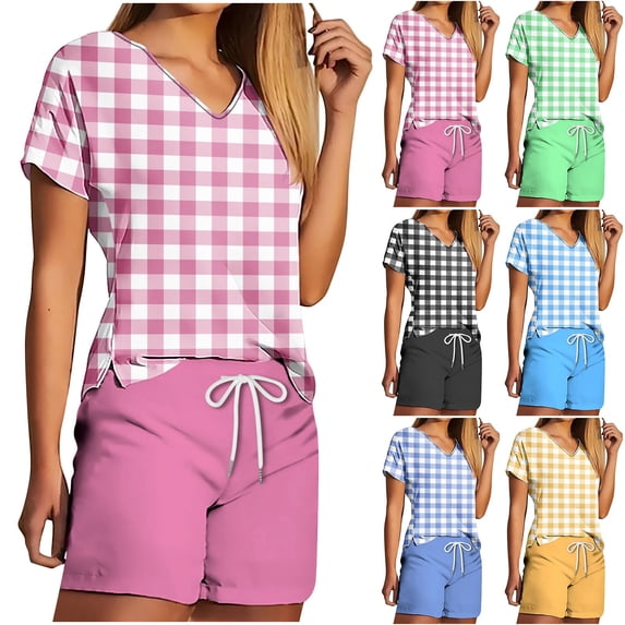 HBGVBA Women 2 Piece Outfits,Casual Matching Set,V-Neck Short Sleeve Top Shorts Casual Daily Wear Outfit Set