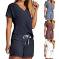 thumbnail image 1 of HBGVBA Women 2 Piece Outfits,Casual Matching Set,V-Neck Short Sleeve Top Shorts Soft Comfortable Loungewear Daily Set, 1 of 5