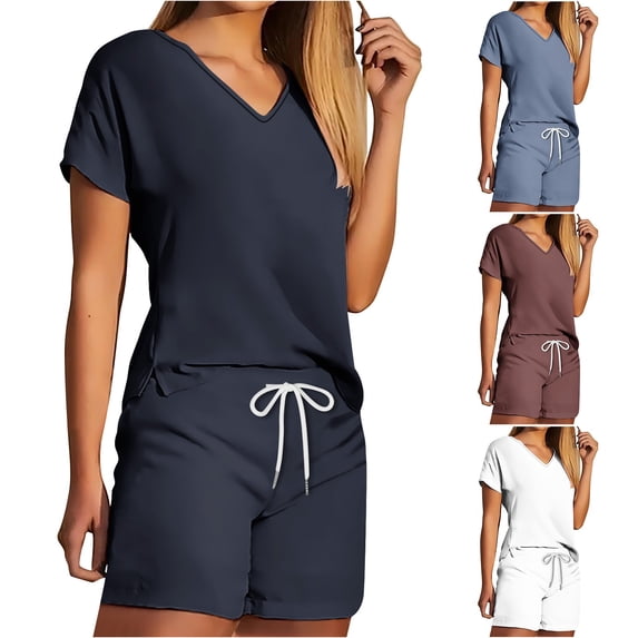 HBGVBA Women 2 Piece Outfits,Casual Matching Set,V-Neck Short Sleeve Top Shorts Soft Comfortable Loungewear Daily Set