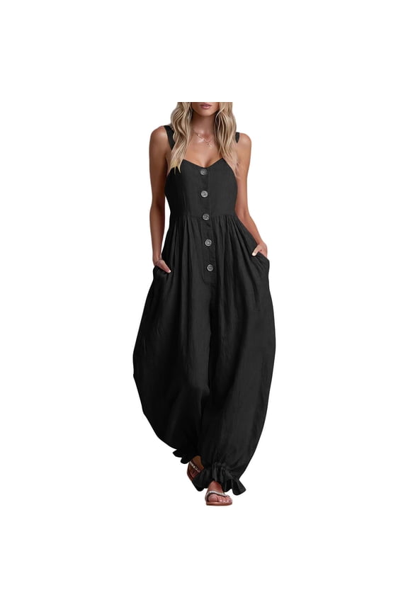 Women Boho Jumpsuits Flowy Rompers,Camisole Strap Jumpsuit Loose Comfortable Long Pants Designs with Multiple Functional Pockets