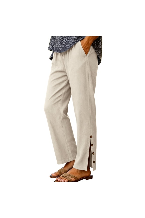 Women Casual Long Pants with Pockets,Stretch High Waist Straight Long Pants Side Button Front Split Hem with Portable Side Pockets