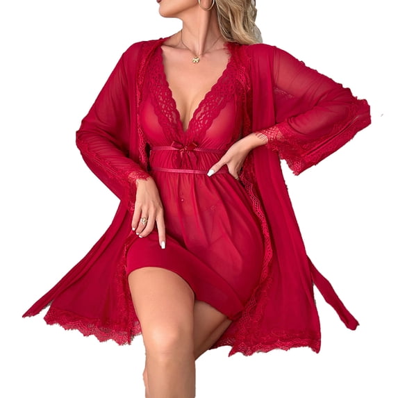 HBGVBA Women Lace Robe Set,Long Sleeve Lace Mesh Layered Nightgown Matching Outer Bathrobe Home Loungewear