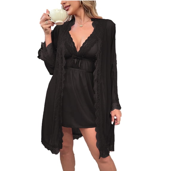 HBGVBA Women Lace Robe Set,Long Sleeve Lace Mesh Layered Nightgown Matching Outer Bathrobe Home Loungewear