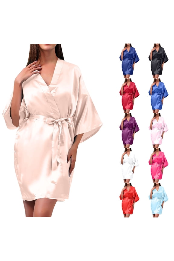 Women Lightweight Satin Robe Knee Length,Imitation Silk Solid Color Short Open Front Morning Gown Casual Bathrobe for Daily Wear
