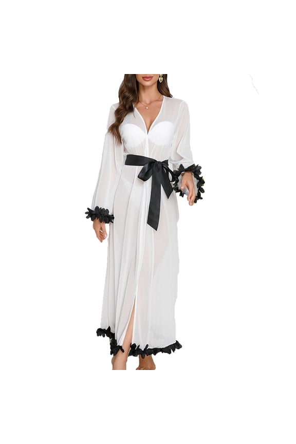 Women Mesh Long Robe for Wedding Party,Flare Sleeve Solid Color Mesh Splice Ruffle Petal Ties Waist Slim Fitted Home Bathrobe Robe