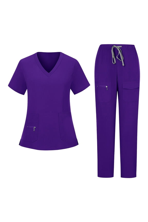 Women Nures Uniform,2 Piece Work Outfits Set,Solid Color Care Work Uniform Loose Drawstring Long Pants Zipper Pocket V-Neck Short Sleeve Top Set