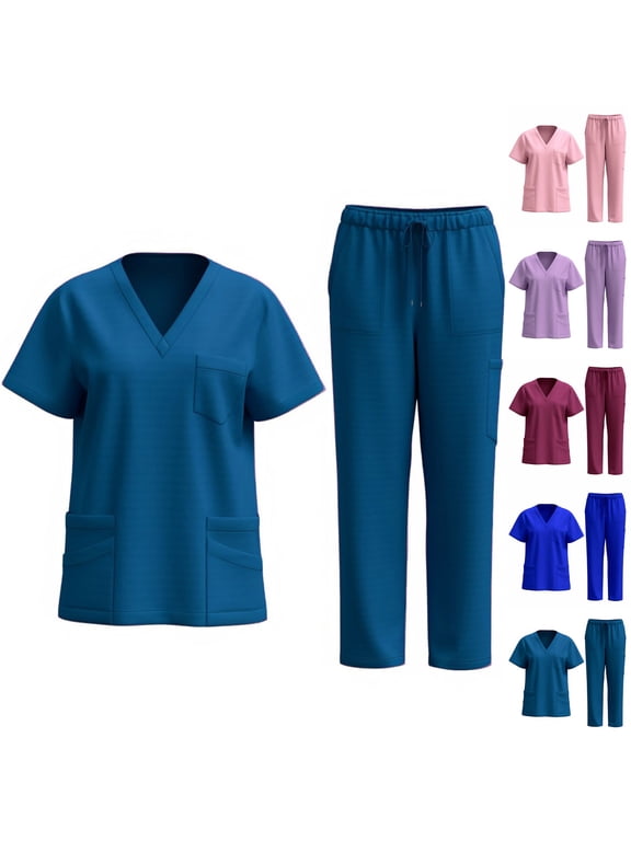 Women Nures Uniform,2 Piece Work Outfits Set,Solid Color V-Neck Top with Pocket Drawstring Waist Pants Fast Dry Set For Nurse Work