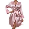 thumbnail image 1 of HBGVBA Women Satin Robe Lightweight Long Sleeve,Solid Color Long Sleeve Bathrobe with Lace Cuff Ties Waist Casual Home Loungewear Sleep Robe, 1 of 5