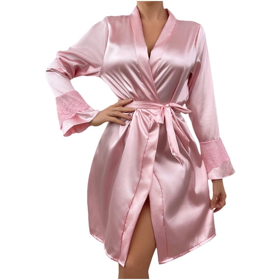 HBGVBA Women Satin Robe Lightweight Long Sleeve,Solid Color Long Sleeve Bathrobe with Lace Cuff Ties Waist Casual Home Loungewear Sleep Robe