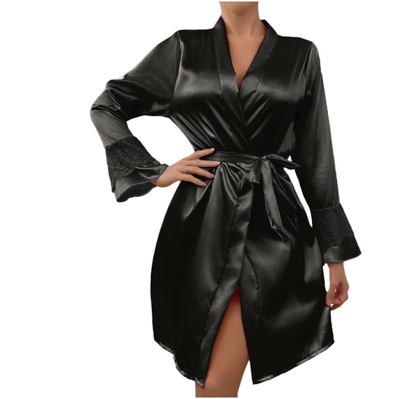 HBGVBA Women Satin Robe Lightweight Long Sleeve,Solid Color Long Sleeve Bathrobe with Lace Cuff Ties Waist Casual Home Loungewear Sleep Robe