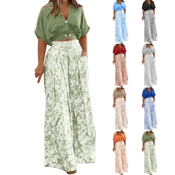 HBGVBA Women Summer 2 Piece Set Short Sleeve Cropped Tops High Waist Floral Print Wide Leg Pant Set with Pockets