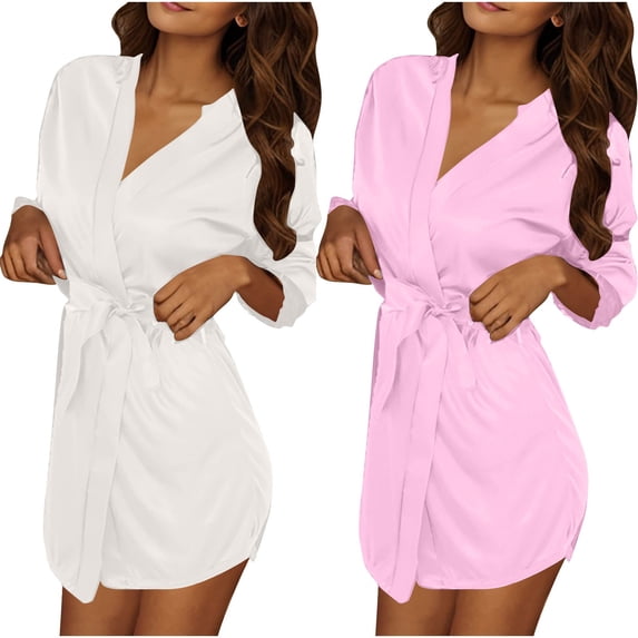 HBGVBA Women's 2 PC Lightweight Short Robe,Ice Silk Bathrobe Soft Fabric Casual Home Indoor Loungewear Sleep Robe