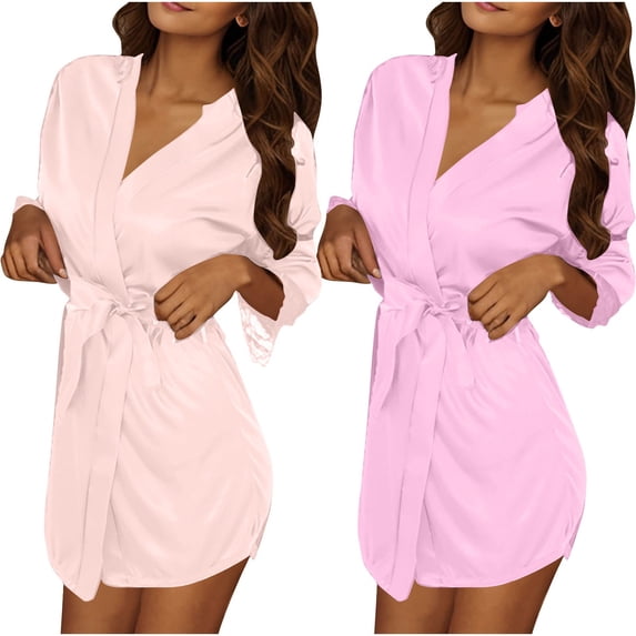 HBGVBA Women's 2 PC Lightweight Short Robe,Ice Silk Bathrobe Soft Fabric Casual Home Indoor Loungewear Sleep Robe