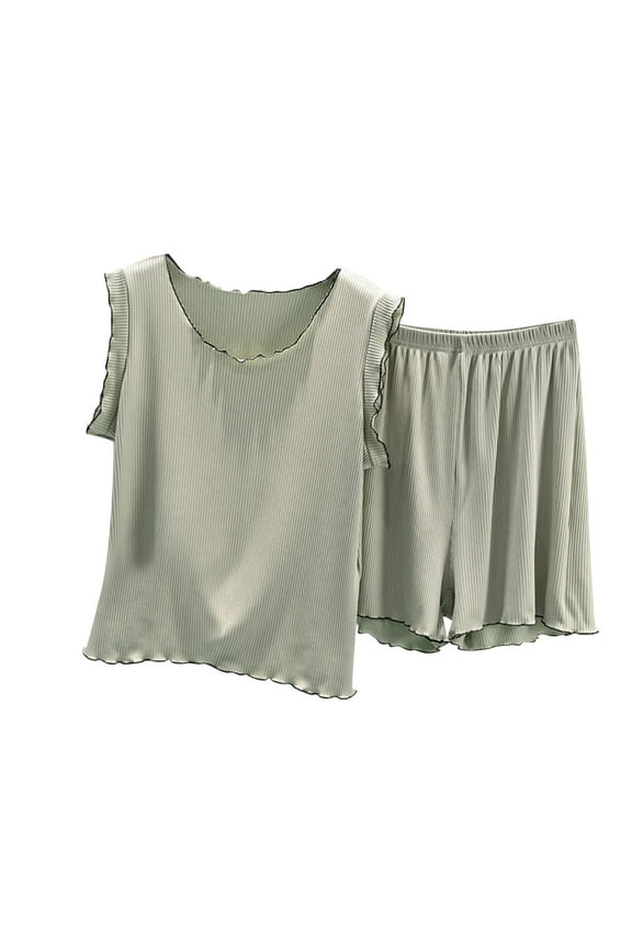 Women's 2 Piece Sleepwear Set,Soft Tank Top and Loose Shorts,Summer Ribbed Loose Solid Tank Loungewear Set