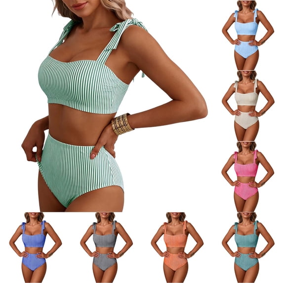 HBGVBA Women's Bikini Set,2 Piece Bathing Suits,Solid Color Ribbed Knit Modest Conservative Swimsuit