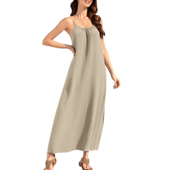 HBGVBA Women's Casual Maxi Dress,Cami Sleeveless Dresses,Solid Color Cami Backless Loose Loungewear Round Neck Ankle Length Dress