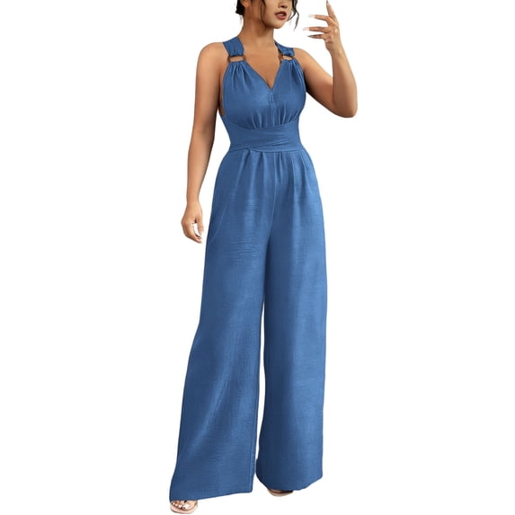 HBGVBA Women's Casual Maxi Dress,Cami Sleeveless Dresses,V-Neck Solid Color Jumpsuit Loose Lightweight Dress