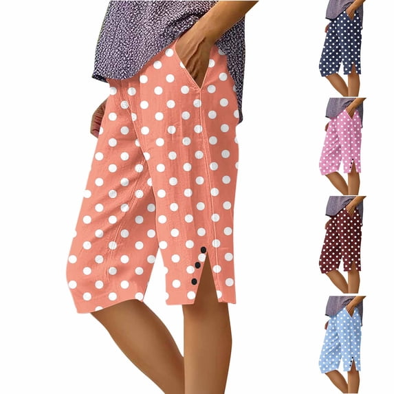 HBGVBA Women's Casual Shorts,Summer Loose Pants,Women Print Straight Shorts with Pockets Side Slit Button Five Quarter Length Outdoor Vacation Shorts