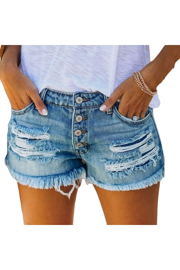 Women's Demin Shorts,Jean Shorts for Women,Denim Distressed Pocket Straight Leg High Waist Tassel Hem Casual Shorts