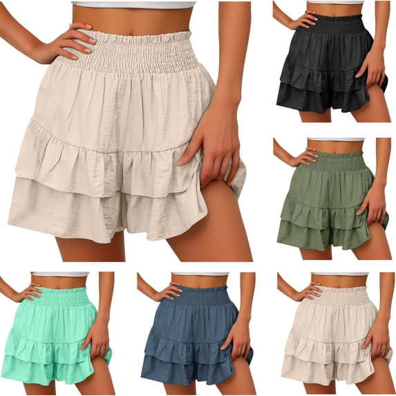 HBGVBA Women's Linen Shorts,Casual Summer Shorts,Summer Linen High Waist Floral Ruched Hem Casual Shorts