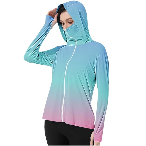 HBGVBA Women's Long Sleeve Sun Shirts,Sun Protection Hooded,Gradient Color Hooded UPF 50+ Jacket with Thumb Holes Outdoor Casual Tops