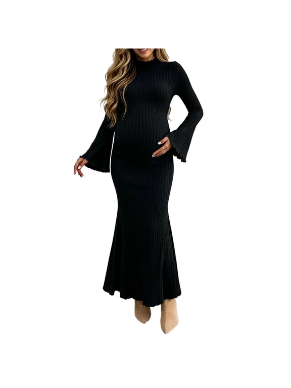 Women's Maternity Sweater Maxi Dress, Long Sleeve Flare Sleeve High Neck Ribbed Knit Mermaids Pregnancy Gown