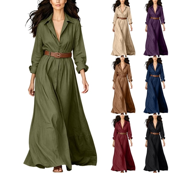 HBGVBA Women's Maxi Shirt Dresses Long Sleeve Collared Button Belted Waist Solid Color Dress