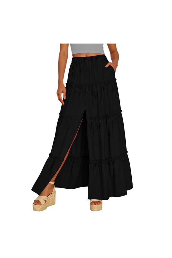 Women's Maxi Skirts,Women's Split Hem Skirt,Solid Color Ruched Ruffle Hem Skirt with Pockets Elastic Waist Split Skirts