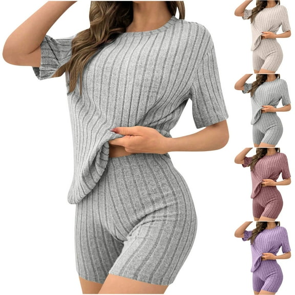 Bovxnpu Women's Pajama Set 2 Piece Lounge Set, Pajamas for Women Set Fashionable Ribbed Knit T Shirt and Shorts Sleepwear 2 Piece Set Sleepwear Loungewear