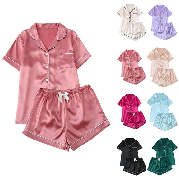 HBGVBA Women's Pajama Set 2 Piece Lounge Set, Pajamas for Women Set Women Silk Satin Pajamas Button Down Short Sleeve Top with Pockets and Shorts Set Sleepwear Sleepwear Loungewear