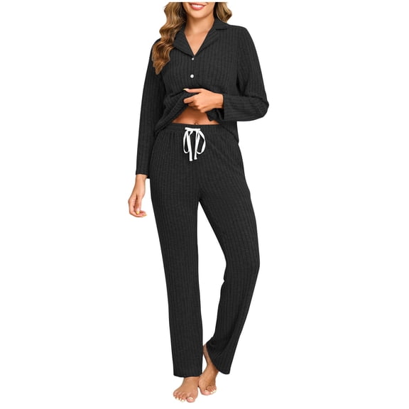 Bovxnpu Women's Pajama Set 2 Piece Lounge Set, Pajamas for Women Set Button Down Long Sleeve Top with Drawstring Pants Sleepwear Loungewear