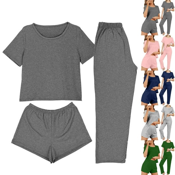Bovxnpu Women's Pajama Set Lounge Set, 3 Piece Set Womens Home Casual Pants Short Sleeves Tops And Shorts Pajamas Set Sleepwear Loungewear