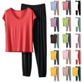 thumbnail image 1 of HBGVBA Women's 2 Piece Pajama Set Matching V Neck Short Sleeve Tops and Jogger Long Pants Sleepwear Casual Soft Loungewear Outfits with Pockets, 1 of 5