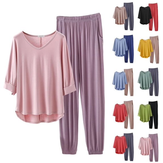 HBGVBA Women's Pajama Set,Short Sleeve Tops Sleepwear,Solid Color 3 Quarter Sleeve V Neck Tee Side Pocket Elastic Waist Long Pants 2 Piece Sleepwear Loungewear Set