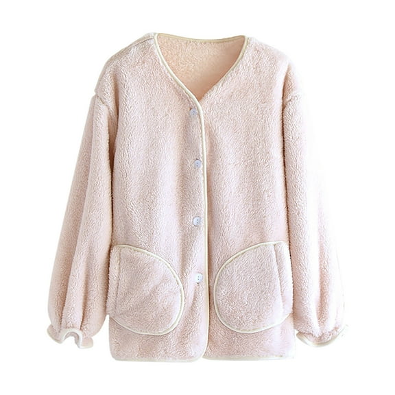 Bovxnpu Women's Pajama Tops Sleep Shirt, Women's Plus Size Winter Thickened Color Blocked Button Down with Pockets Long Sleeve Fleece Lined Homewear Sleep Top Sleepwear Loungewear