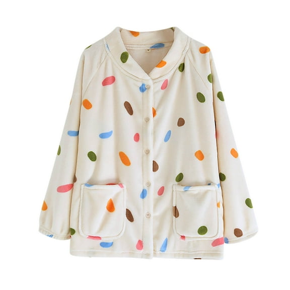 Bovxnpu Women's Pajama Tops Sleep Shirt, Women's Plus Size Winter Thickened Print Button Down Long Sleeve Fleece Lined Warm Homewear Sleep Top Sleepwear Loungewear