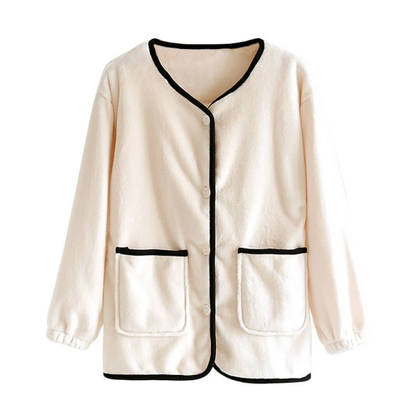 Bovxnpu Women's Pajama Tops Sleep Shirt, Women's Plus Size Winter Thickened Solid Color Button Down with Pockets Long Sleeve Fleece Lined Homewear Sleep Top Sleepwear Loungewear