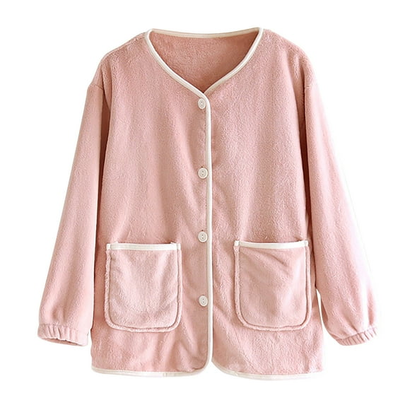 Bovxnpu Women's Pajama Tops Sleep Shirt, Women's Plus Size Winter Thickened Solid Color Button Down with Pockets Long Sleeve Fleece Lined Homewear Sleep Top Sleepwear Loungewear