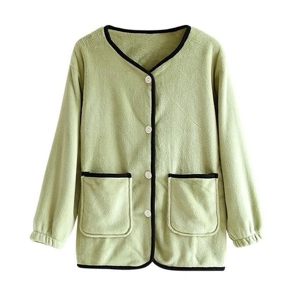 Bovxnpu Women's Pajama Tops Sleep Shirt, Women's Plus Size Winter Thickened Solid Color Button Down with Pockets Long Sleeve Fleece Lined Homewear Sleep Top Sleepwear Loungewear